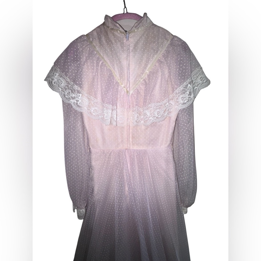 Vintage 70s Lace Prairie Maxi Dress Sheer Polka Dot Gunne Sax Style - Picture 13 of 15